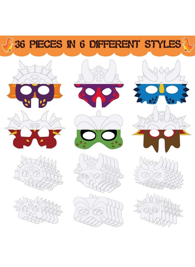 Woanger 36 Pieces Color Your Own Dinosaur Masks DIY Paper Masks Blank Graffiti Craft with Elastic Ropes for Cosplay Dinosaur Birthday Party Favors, 6 Designs - Image 2