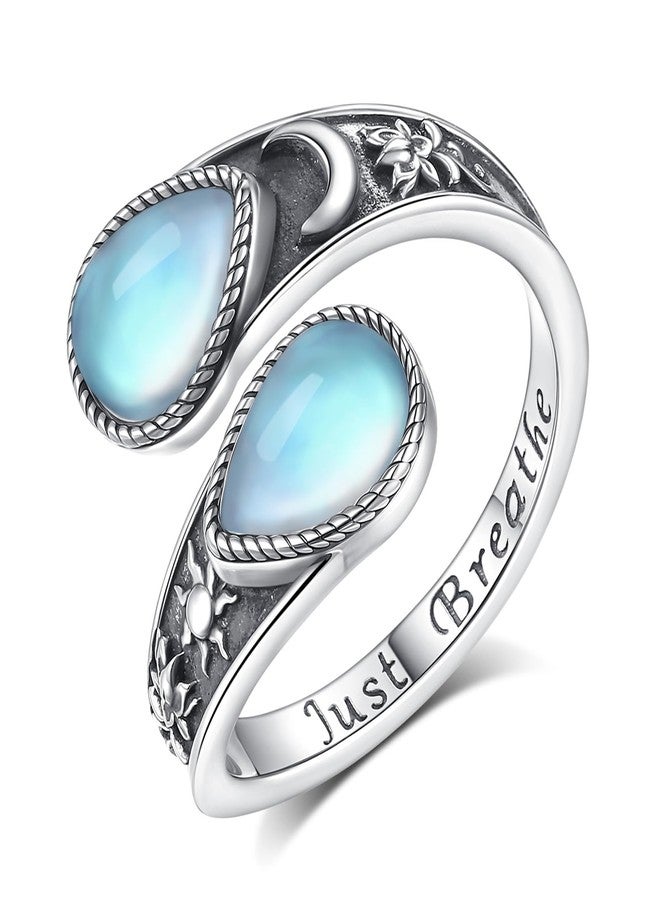 Vito 925 Sterling Silver Lotus Spoon Ring for Women, Adjustable Yin Yang Band Moonstone Sun Moon Open Rings Vintage Boho Wrap Rings Antique Floral Spiritual Jewelry Gift for Yoga Lover - Image 1