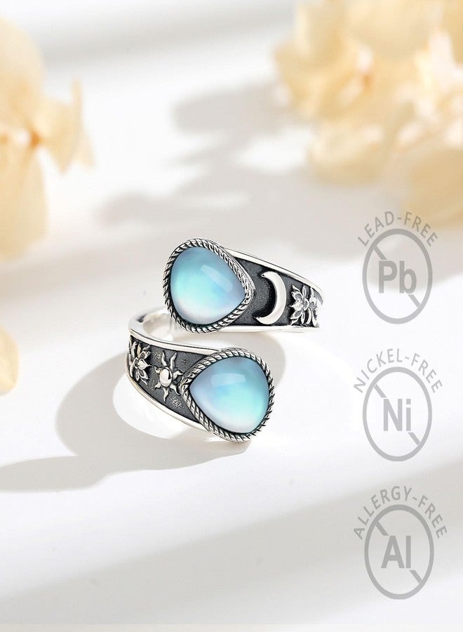 Vito 925 Sterling Silver Lotus Spoon Ring for Women, Adjustable Yin Yang Band Moonstone Sun Moon Open Rings Vintage Boho Wrap Rings Antique Floral Spiritual Jewelry Gift for Yoga Lover - Image 2