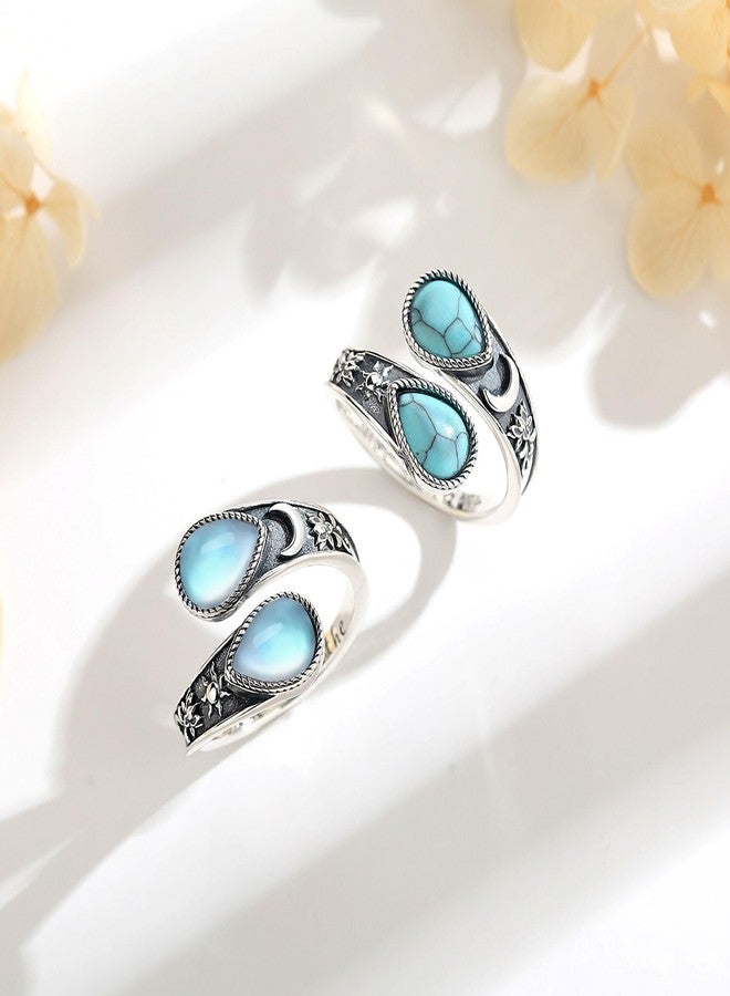 Vito 925 Sterling Silver Lotus Spoon Ring for Women, Adjustable Yin Yang Band Moonstone Sun Moon Open Rings Vintage Boho Wrap Rings Antique Floral Spiritual Jewelry Gift for Yoga Lover - Image 3