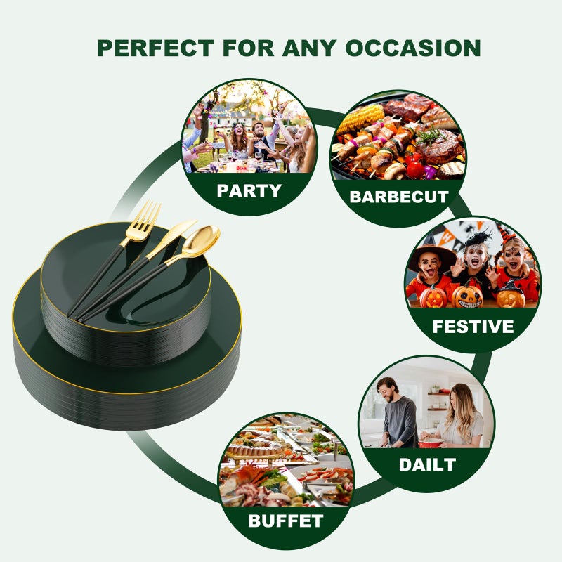 Liacere 150PCS Green Plastic Plates - Gold Plastic Silverware with Green Handle - Green Disposable Plates Include 30 Guests Plates  Forks  Spoons  Knives for St.Patrick's Party - Image 1