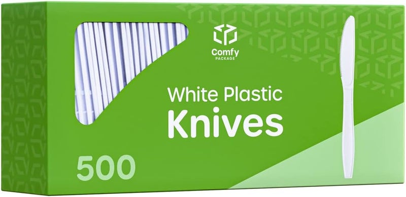 Comfy Package [500 Count Heavy Duty White Plastic Knives, Extra Heavyweight Disposable Knives Perfect for Restaurants, Parties, and Dinner - Image 1
