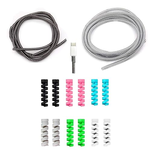 Like Star® Cable Protector Combo – 2 Premium Cable Wraps + 12 pcs Colorful Cord Protectors for USB, Charger & Headphone Cables – Anti-Fray Wire Organizer Set for Phone, PC, Home & Office (Silver) - Image 1