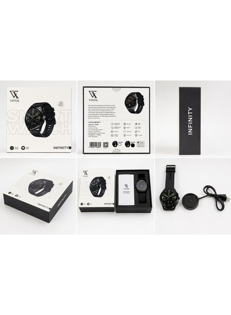 ساعة VIVOX Infinity الذكية VSM80 شاشة HD IPS مقاس 1.50 بوصة بلوتوث للمكالمات مراقبة معدل ضربات القلب GPS وضع رياضي شحن لاسلكي بطارية 7-15 يوم - أسود - Image 2