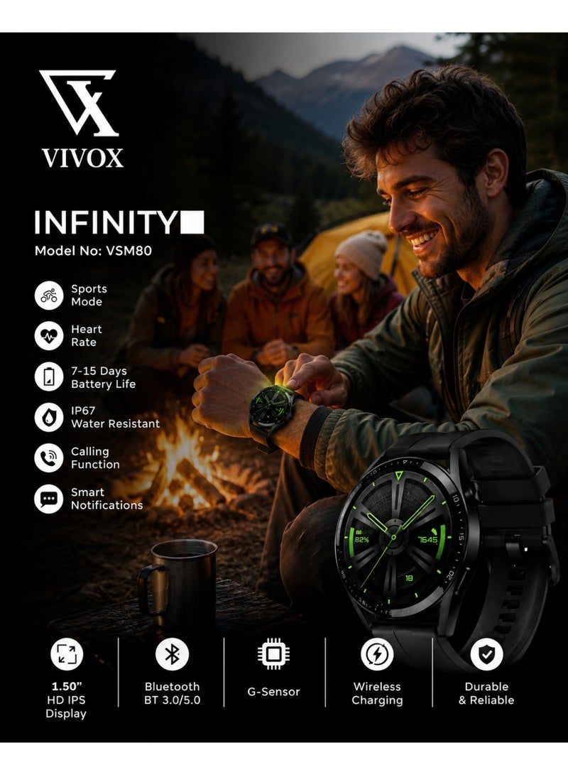 ساعة VIVOX Infinity الذكية VSM80 شاشة HD IPS مقاس 1.50 بوصة بلوتوث للمكالمات مراقبة معدل ضربات القلب GPS وضع رياضي شحن لاسلكي بطارية 7-15 يوم - أسود - Image 3