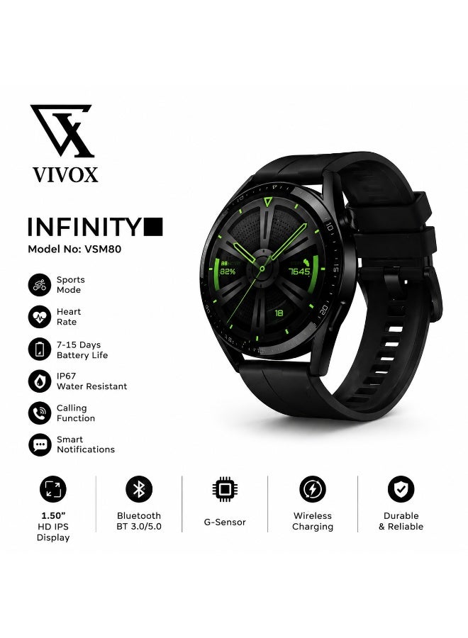 ساعة VIVOX Infinity الذكية VSM80 شاشة HD IPS مقاس 1.50 بوصة بلوتوث للمكالمات مراقبة معدل ضربات القلب GPS وضع رياضي شحن لاسلكي بطارية 7-15 يوم - أسود - Image 1