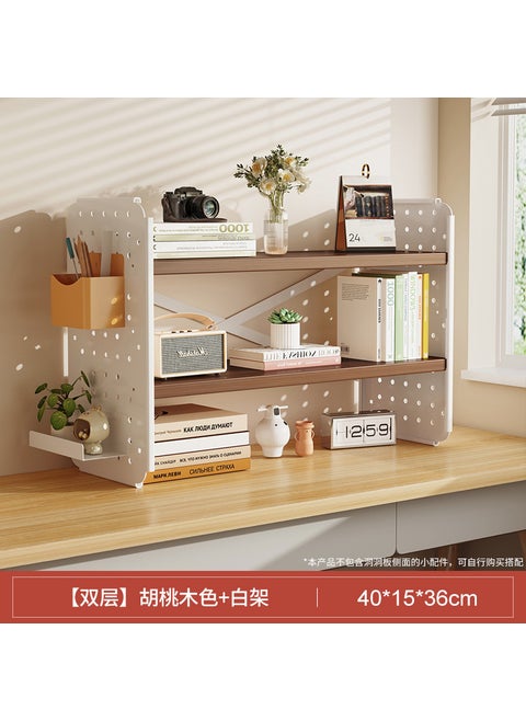 Desktop shelf desk bookshelf hole board home study desk multi-layer office station storage display stand [Double layer] walnut + white rack 40*15 * 36CM