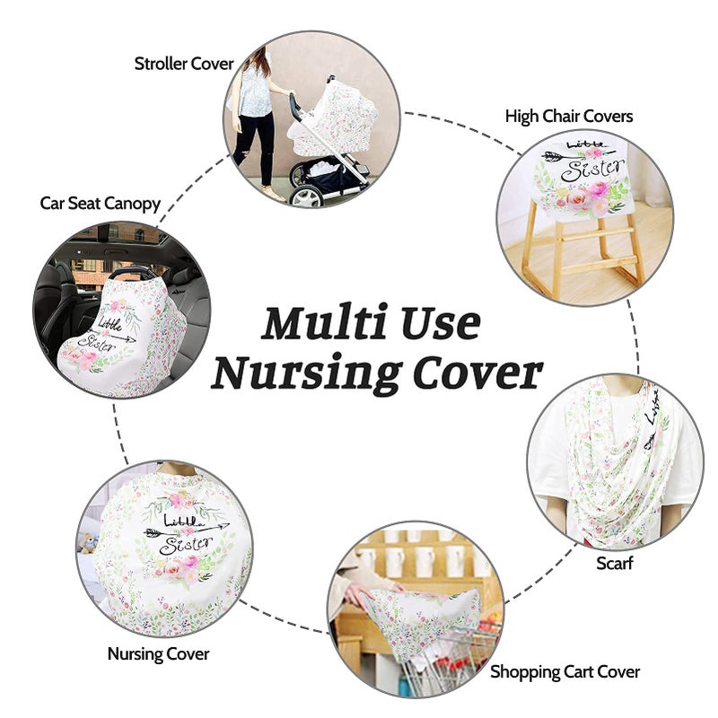SWESEN Baby Car Seat Covers Girls, Little Sister Car Seat Canopy for Infant, Multiuse Nursing Covers, Floral Theme Newborn Carrier Cover Summer, Breastfeeding Scarf, Ultra-Soft Breathable - Image 3