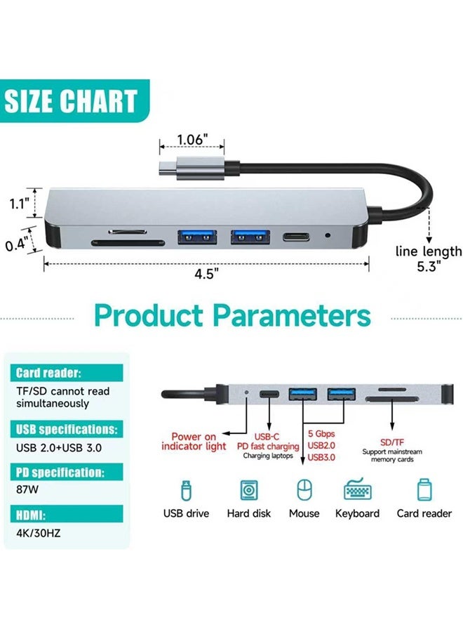 فيب هوم مجمع USB C 6 في 1 مع شحن بقدرة 100 واط، محول من نوع C إلى HDMI 4K 30 هرتز، مجموعات USB 3.0 بمنافذ نقل بيانات سرعة 5 جيجابت/ثانية - Image 3