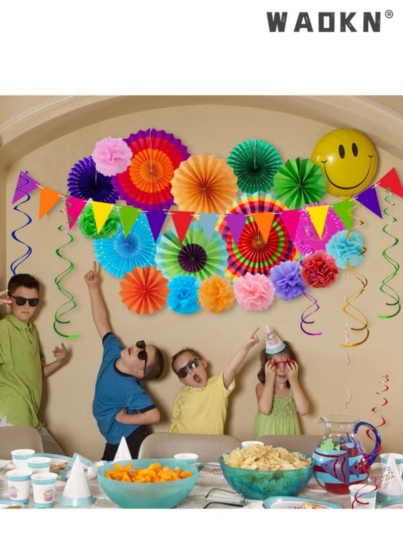 WAOKN Fiesta Party Decorations - 33pcs Colorful Mexican Themed Hanging Paper Fans, Rainbow Paper Pom Poms, Fiesta Bunting and Tissue Paper Streamers for Birthday, Festival, and Rainbow Parties - Image 3