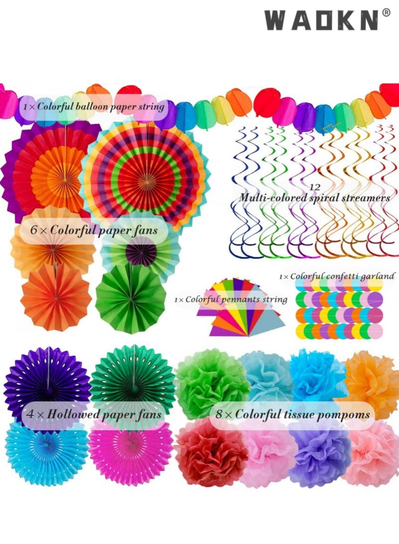 WAOKN Fiesta Party Decorations - 33pcs Colorful Mexican Themed Hanging Paper Fans, Rainbow Paper Pom Poms, Fiesta Bunting and Tissue Paper Streamers for Birthday, Festival, and Rainbow Parties - Image 5