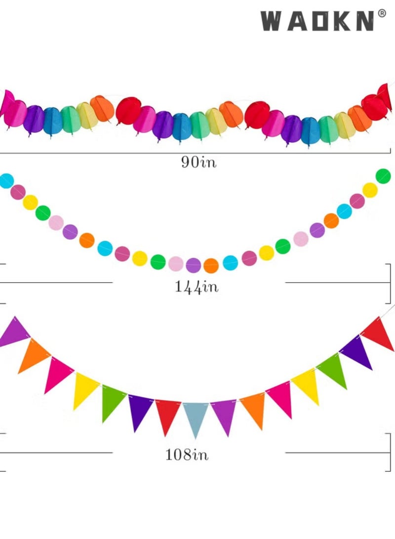WAOKN Fiesta Party Decorations - 33pcs Colorful Mexican Themed Hanging Paper Fans, Rainbow Paper Pom Poms, Fiesta Bunting and Tissue Paper Streamers for Birthday, Festival, and Rainbow Parties - Image 4
