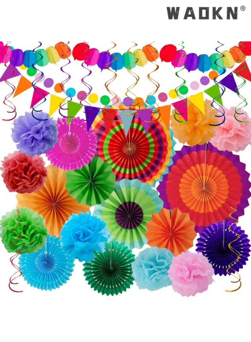 دبليو أيه أو كي أن ديكورات حزب فيستا - 33pcs ملونة المكسيكية موضوع معلقة ورق المروحة ، قوس قزح ورق بوم بومز ، فيستا بونتينغ والأنسجة ورق Streamers لعيد الميلاد والمهرجان وحفلات قوس قزح - Image 1