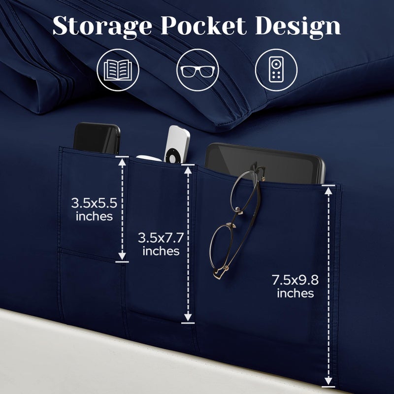 BYSURE 6 Pieces Bed Sheets Set with Pockets on Side(Full  Navy Blue)  Sweat-Wicking Breathable Sheets  16-inch Super Soft Hotel Embroidered Microfiber Sheet Set - Image 2
