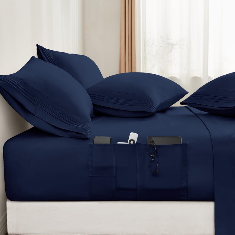 BYSURE 6 Pieces Bed Sheets Set with Pockets on Side(Full  Navy Blue)  Sweat-Wicking Breathable Sheets  16-inch Super Soft Hotel Embroidered Microfiber Sheet Set - Image 1
