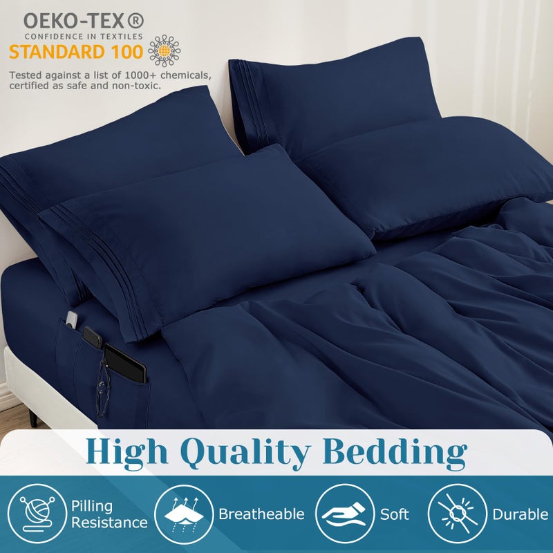 BYSURE 6 Pieces Bed Sheets Set with Pockets on Side(Full  Navy Blue)  Sweat-Wicking Breathable Sheets  16-inch Super Soft Hotel Embroidered Microfiber Sheet Set - Image 3