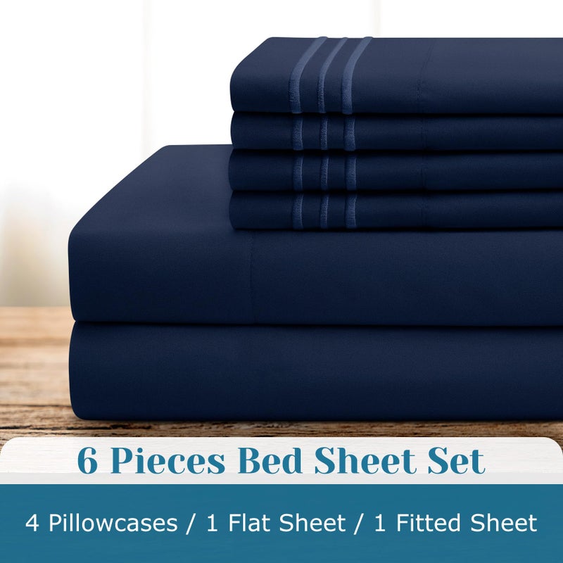 BYSURE 6 Pieces Bed Sheets Set with Pockets on Side(Full  Navy Blue)  Sweat-Wicking Breathable Sheets  16-inch Super Soft Hotel Embroidered Microfiber Sheet Set - Image 4