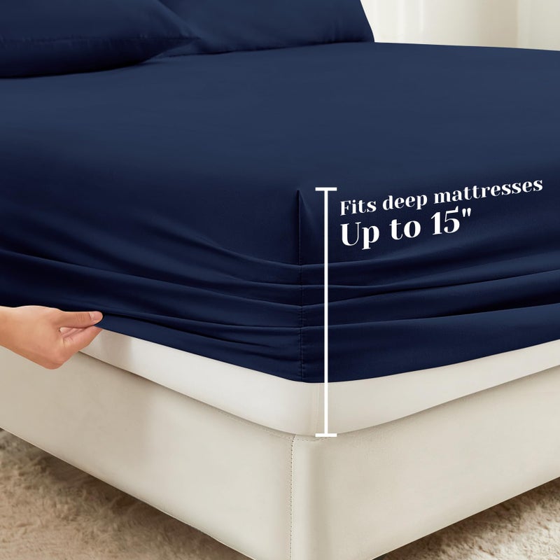 BYSURE 6 Pieces Bed Sheets Set with Pockets on Side(Full  Navy Blue)  Sweat-Wicking Breathable Sheets  16-inch Super Soft Hotel Embroidered Microfiber Sheet Set - Image 5