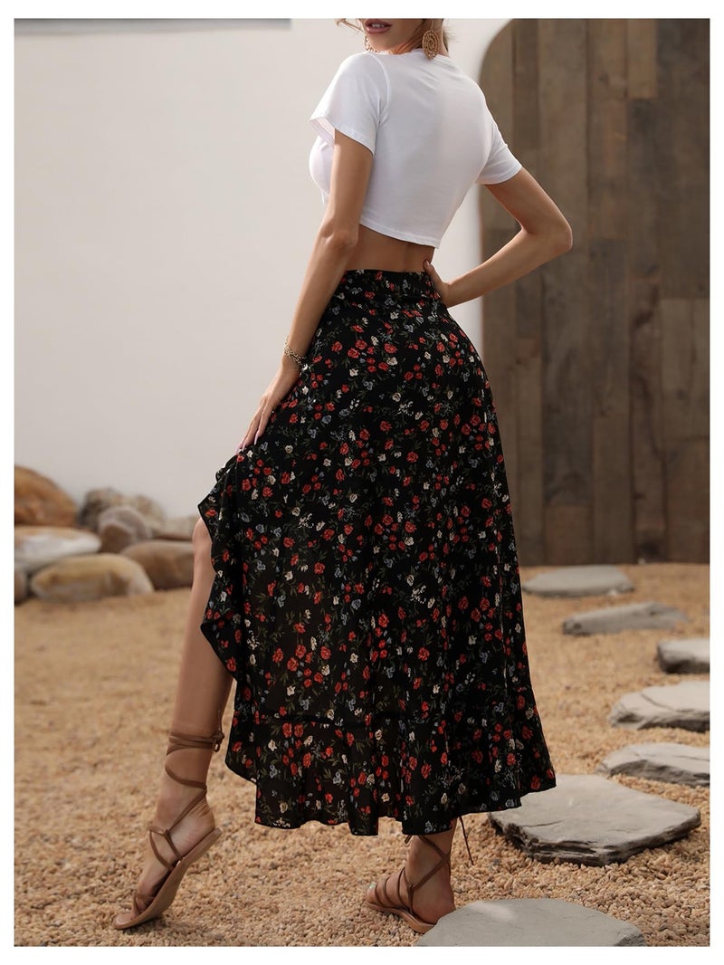 WDIRARA Women's Boho Floral Print Ruffle Maxi Skirt High Waisted Split Long Skirts Multicolor Large - Image 2