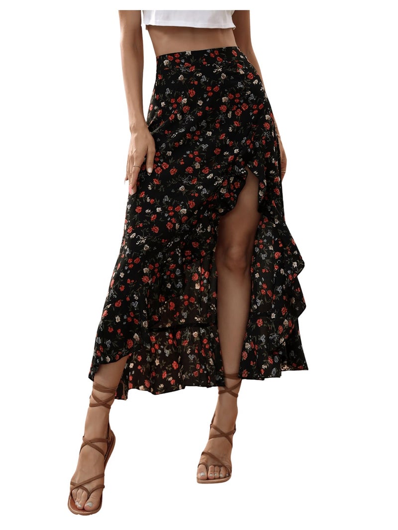 WDIRARA Women's Boho Floral Print Ruffle Maxi Skirt High Waisted Split Long Skirts Multicolor Large - Image 1