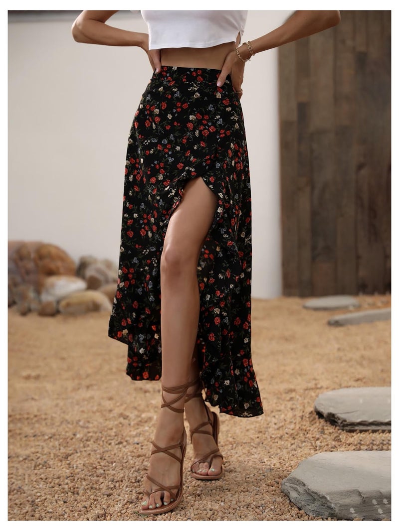 WDIRARA Women's Boho Floral Print Ruffle Maxi Skirt High Waisted Split Long Skirts Multicolor Large - Image 4
