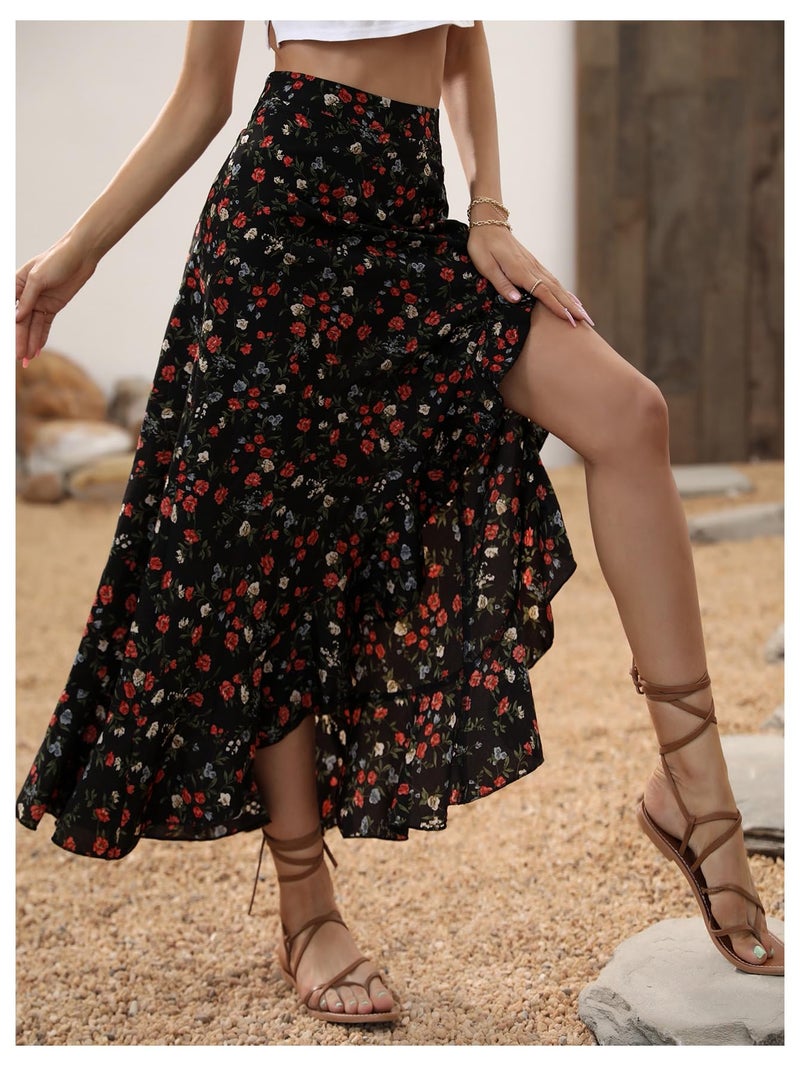 WDIRARA Women's Boho Floral Print Ruffle Maxi Skirt High Waisted Split Long Skirts Multicolor Large - Image 3