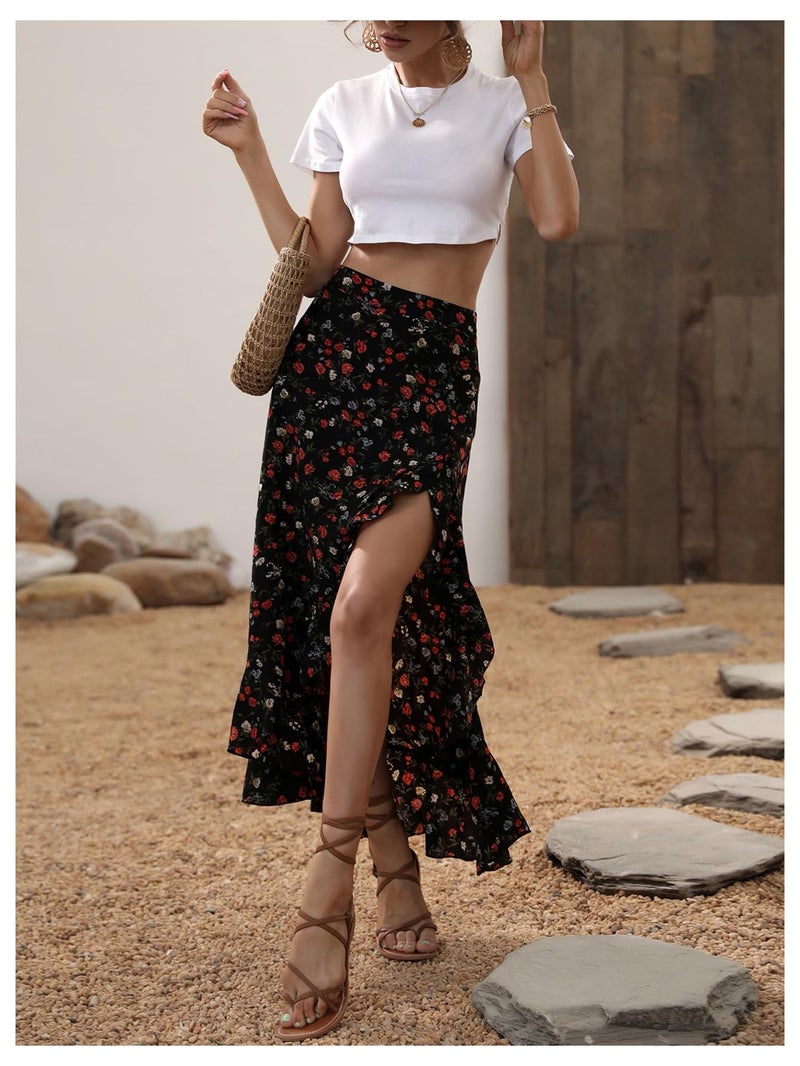 WDIRARA Women's Boho Floral Print Ruffle Maxi Skirt High Waisted Split Long Skirts Multicolor Large - Image 5