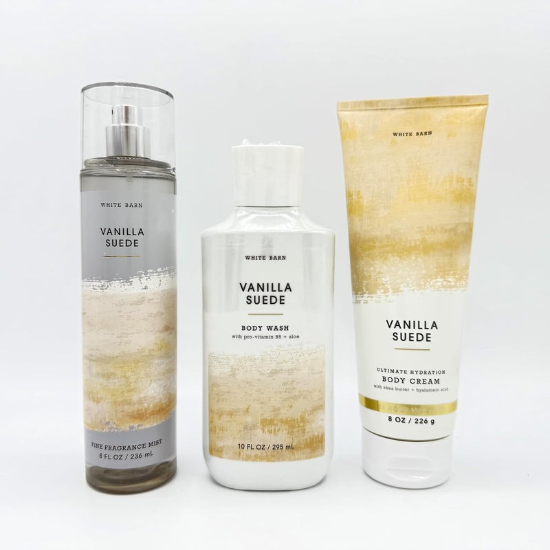 Vanilla Suede 3Piece Bath Body Bundle Fine Fragrance Mist Body Wash and Ultimate Hydration Body Cream - Image 1