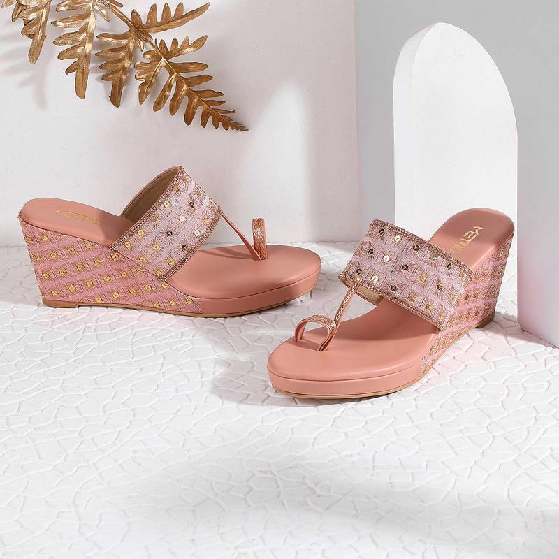 Metro Women Pink Ethnicwear Wedge Heel Sandal UK/3 EU/36 (35-346) - Image 2