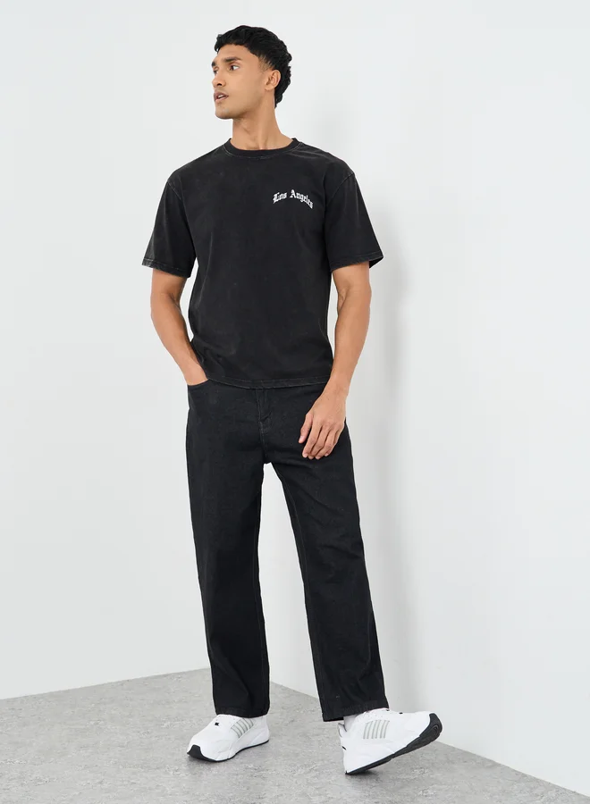 Styli Styli Men Black Acid Washed Chest Print Oversized T-Shirt