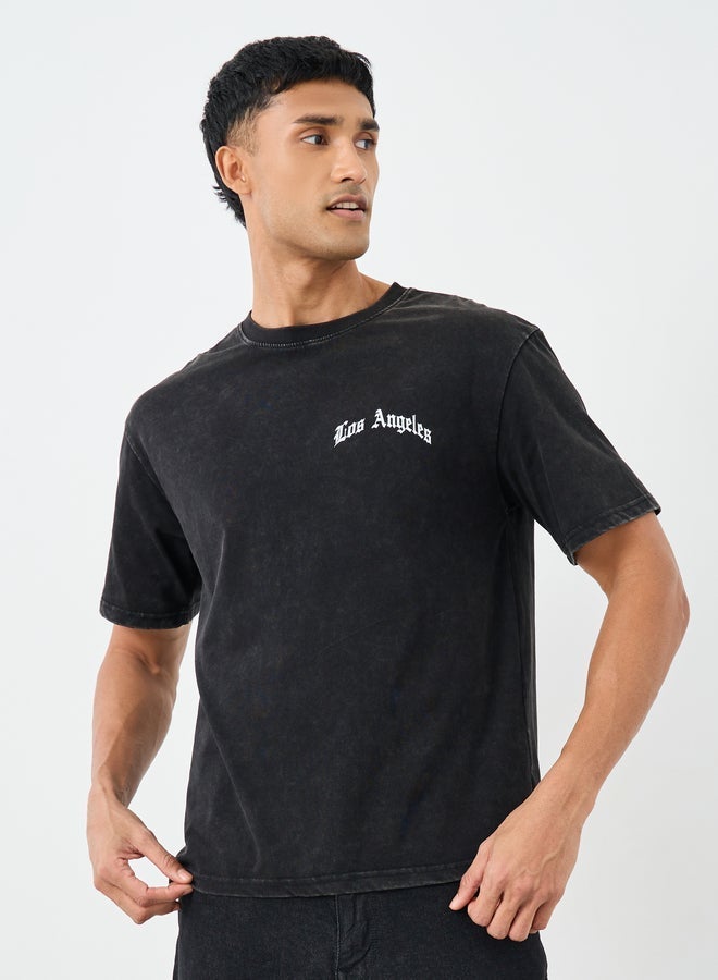 Styli Men Black Acid Washed Chest Print Oversized T-Shirt - Image 1