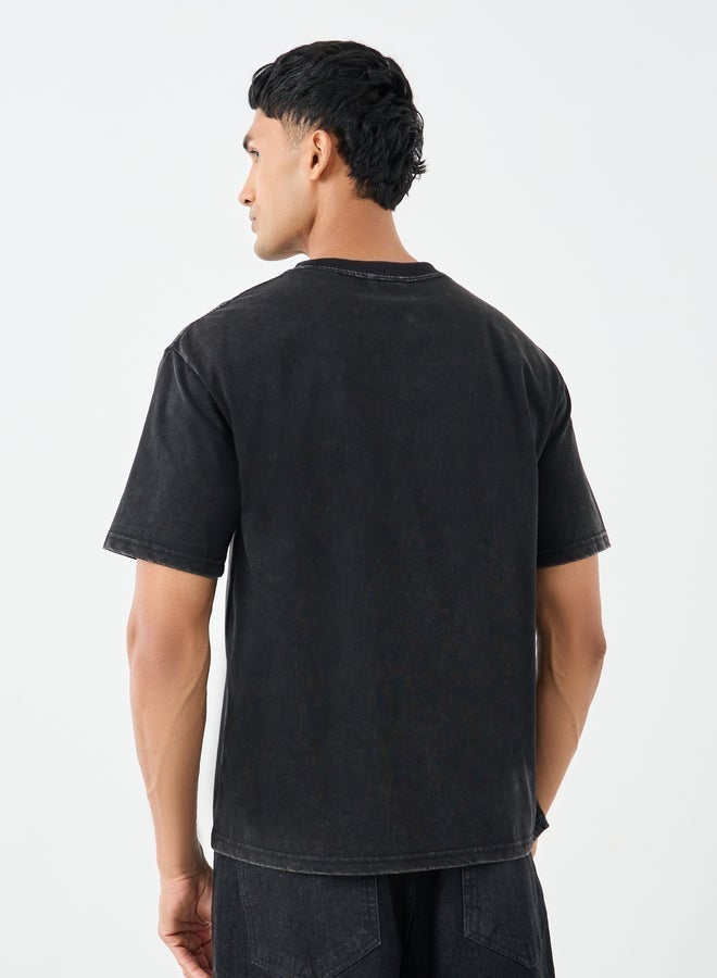 Styli Men Black Acid Washed Chest Print Oversized T-Shirt - Image 4