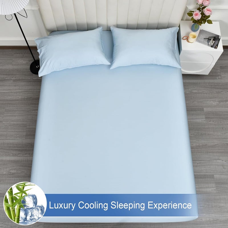 PHF شريحة سرير مريحة مصنوعة من 100% رايون مستخرج من الخيزران بحجم كينغ (198 سم × 200 سم)، عمق 40 سم، مطاط قوي أوسع بمقدار 2.5 سم، ناعمة كالحرير، زرقاء سماوية - Image 3