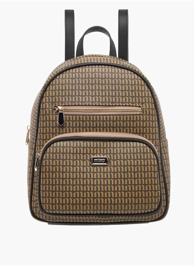 ميسي Monogram Print Backpack with Adjustable Straps and Zip Closure