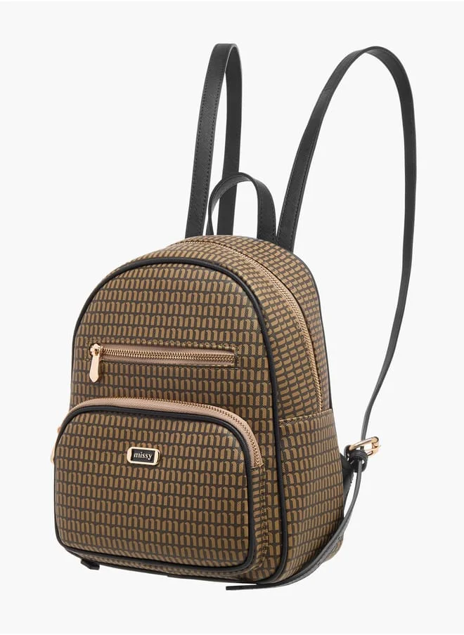 MISSY Monogram Print Backpack with Adjustable Straps and Zip Closure