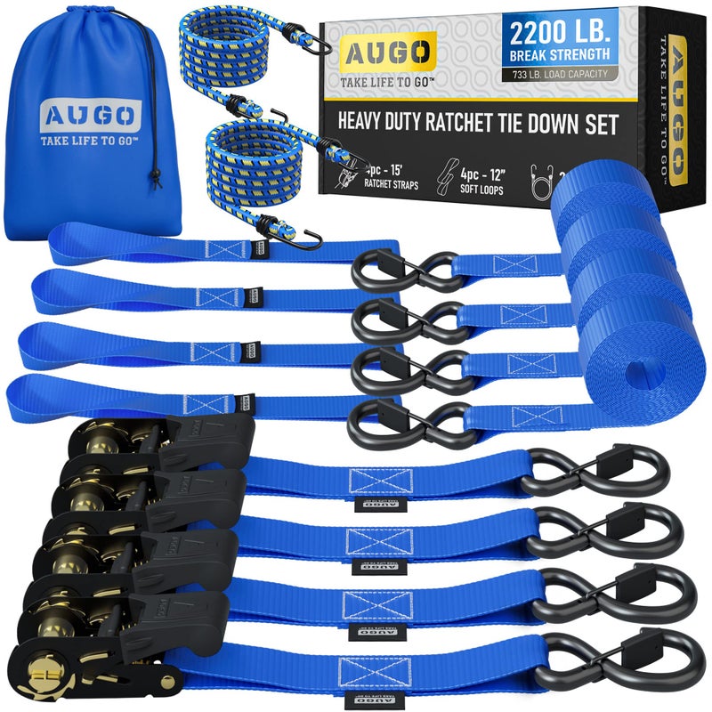 AUGO Ratchet Straps Heavy Duty 4 Pack -15 FT - 2200 LB Break Strength â€“ with Safety Lock S Hooks - Cargo Straps for Moving, Appliances, Motorcycle â€“ Soft Loop Tie Down Straps - Image 1