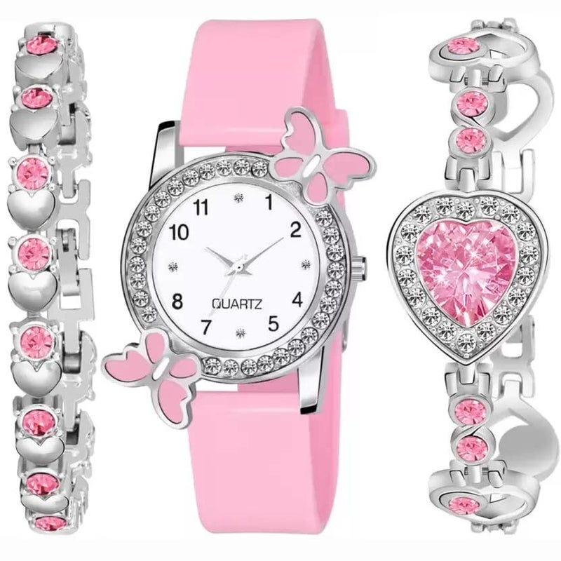 Acnos Silicone Premium White Dial Diamond Pink Analog Watch With Diamond Bracelet For Girl Best Design Butterfly Combo 3 Pack Of 3, Pink Band - Image 1