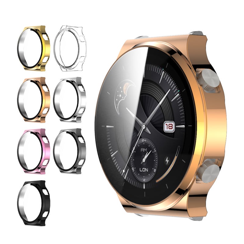 Hard PC Plating Case with HD Tempered Glass Screen Protector Full Coverage Protective Cover Thin Clear Bumper Shell Replacement for HUAWEI WATCH GT 2 Pro 46mm Rose Gold - Image 1