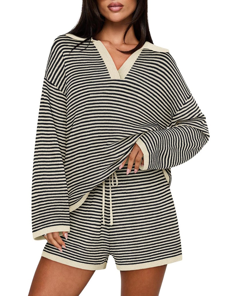 MEROKEETY Lounge Sweater Sets for Women 2 Piece Outfits Casual Long Sleeve Striped Tops Shorts Matching Set, BlackBeige, Large - Image 1