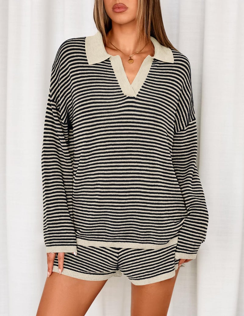 MEROKEETY Lounge Sweater Sets for Women 2 Piece Outfits Casual Long Sleeve Striped Tops Shorts Matching Set, BlackBeige, Large - Image 3