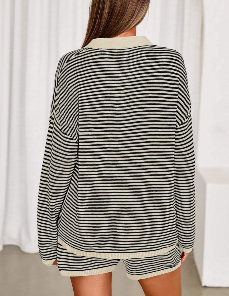 MEROKEETY Lounge Sweater Sets for Women 2 Piece Outfits Casual Long Sleeve Striped Tops Shorts Matching Set, BlackBeige, Large - Image 4