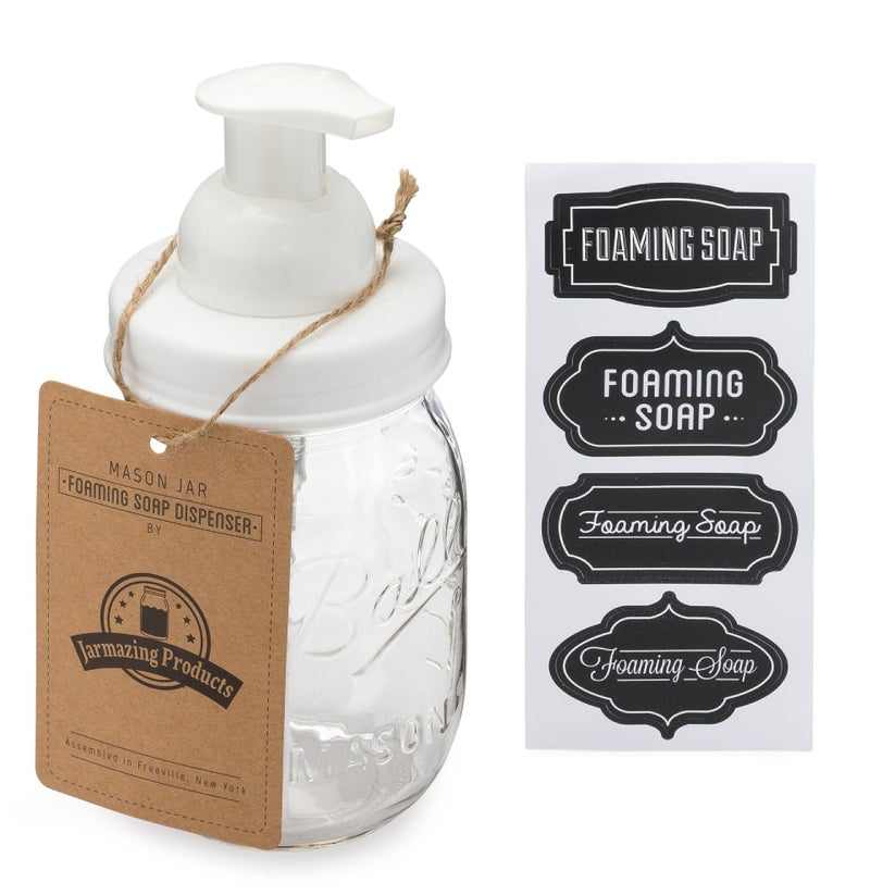 Jarmazing Products Mason Jar Foaming Soap Dispenser  White  with 16 Ounce Ball Mason Jar  Two Pack