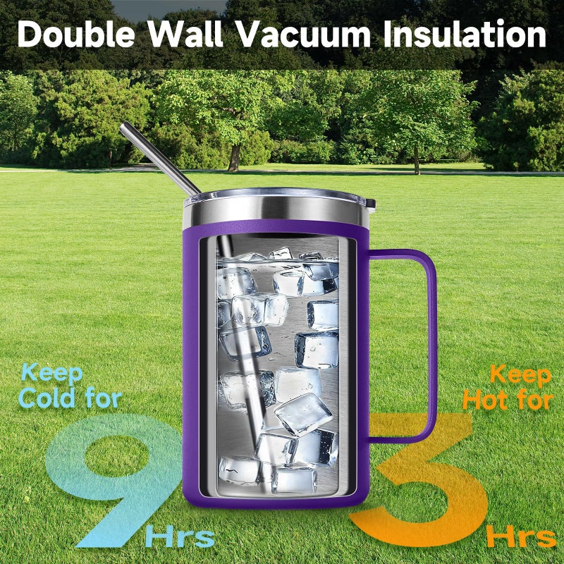 Volhoply 16oz Insulated Coffee Mug with Lid and Straw, Stainless Steel Travel Mugs with Handle, Double Wall Vacuum Leak Proof Coffee Tumbler Cup (Purple,1) - Image 5