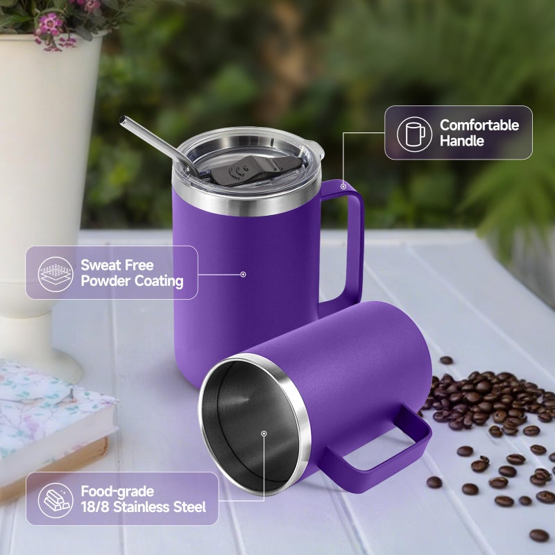 Volhoply 16oz Insulated Coffee Mug with Lid and Straw, Stainless Steel Travel Mugs with Handle, Double Wall Vacuum Leak Proof Coffee Tumbler Cup (Purple,1) - Image 4