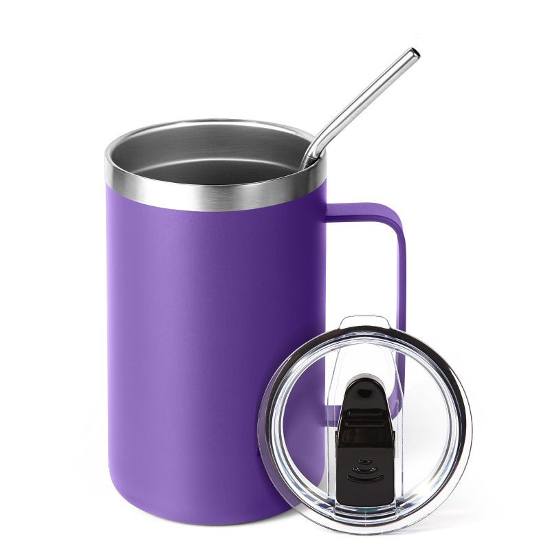 Volhoply 16oz Insulated Coffee Mug with Lid and Straw, Stainless Steel Travel Mugs with Handle, Double Wall Vacuum Leak Proof Coffee Tumbler Cup (Purple,1) - Image 1