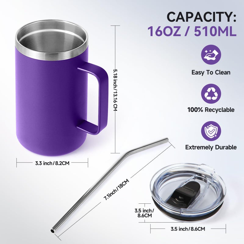 Volhoply 16oz Insulated Coffee Mug with Lid and Straw, Stainless Steel Travel Mugs with Handle, Double Wall Vacuum Leak Proof Coffee Tumbler Cup (Purple,1) - Image 3
