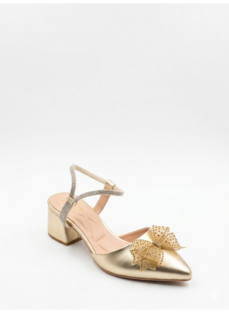 LIFESTYLISH Shoes Mid Heels Leather Glossy With Bow F-618 - Gold - Image 1