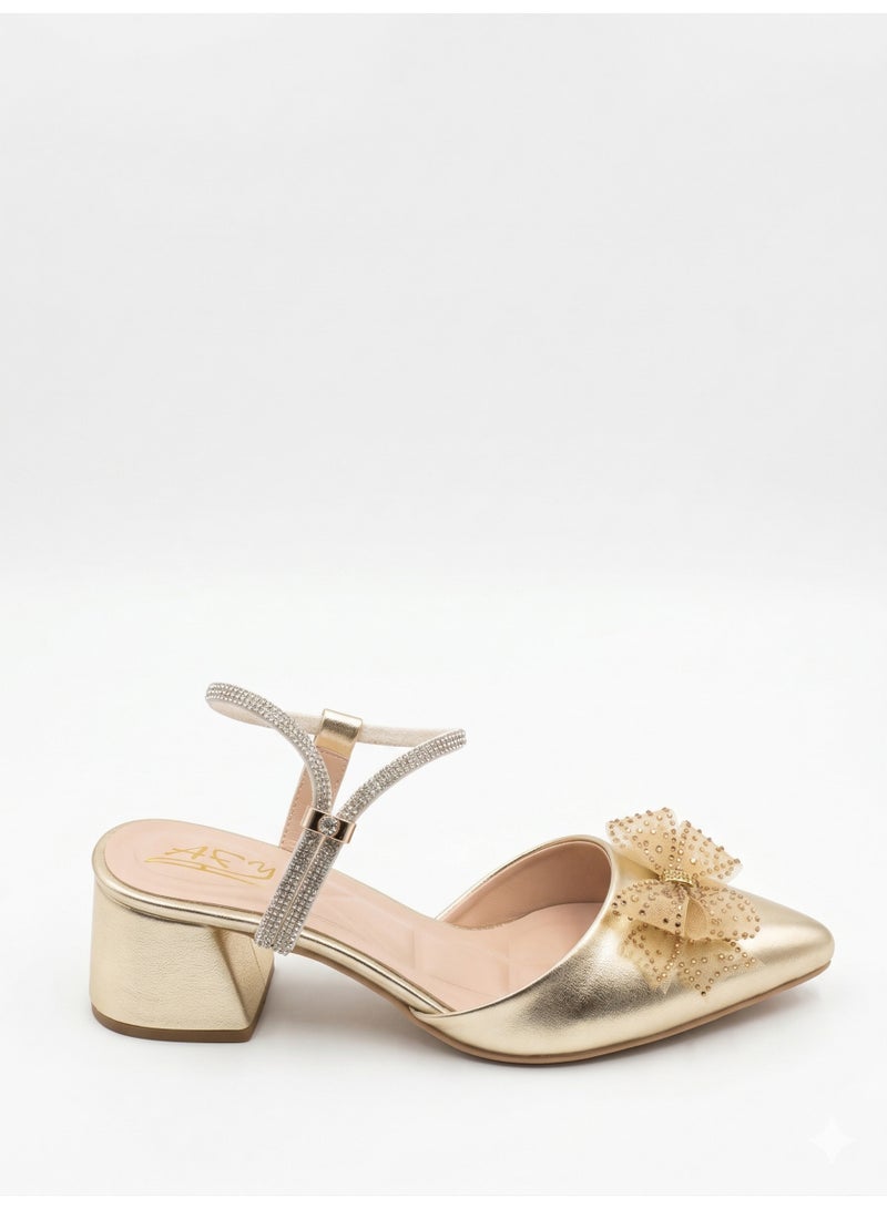 LIFESTYLISH Shoes Mid Heels Leather Glossy With Bow F-618 - Gold - Image 2
