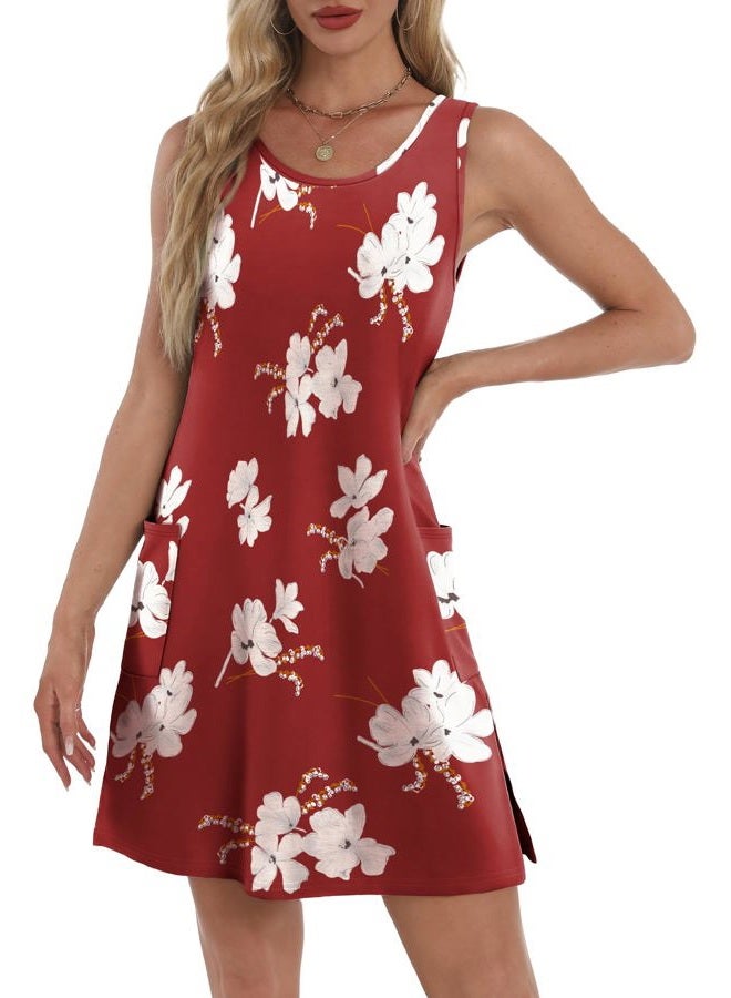 BKRIVE Coverup Summer Dresses for Women 2025 Eyelet Casual Loose Sleeveless Sundresses Tank Dresses with Pockets, Flora Red, XL - Image 3
