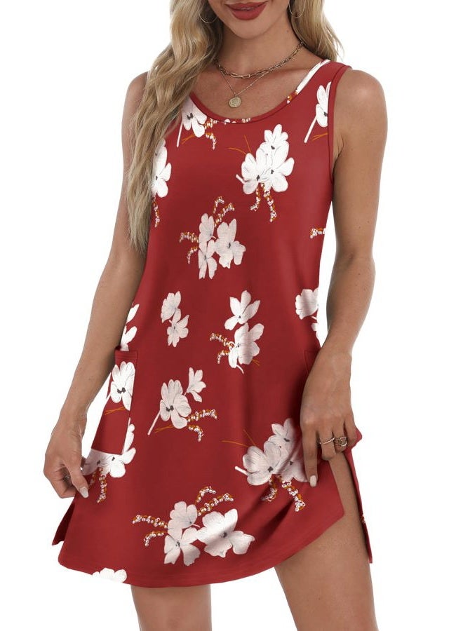 BKRIVE Coverup Summer Dresses for Women 2025 Eyelet Casual Loose Sleeveless Sundresses Tank Dresses with Pockets, Flora Red, XL - Image 2